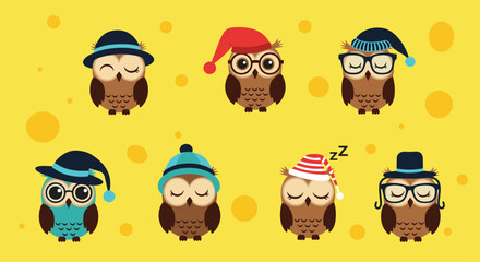 Obraz premium An adorable collection of cute cartoon owls wearing various hats glasses and sleeping caps on a bright yellow background with polka dots.