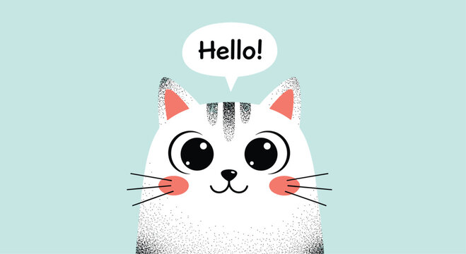 Adorable cute white cat with big eyes and a textured design saying hello in a speech bubble on a pastel blue background.