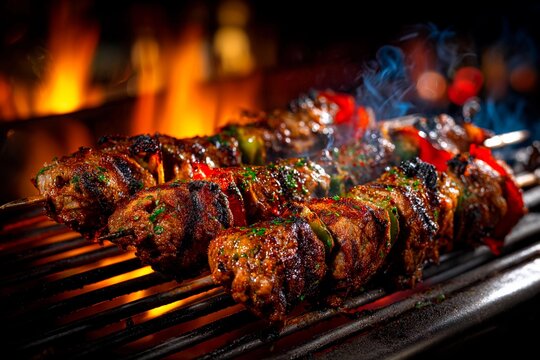 Juicy meat skewers are grilled to perfection with vibrant bell peppers, creating a mouthwatering scene at a lively summer barbecue in the backyard