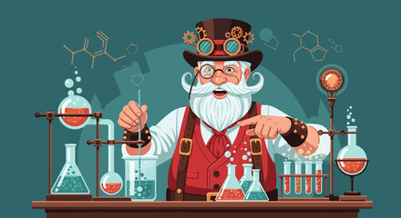 Whimsical Steampunk Santa Conducting Scientific Experiments with Beakers and Formulas