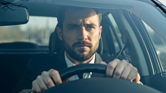 Focused Young Man Driving Car on Sunny Day, Commuting to Work.