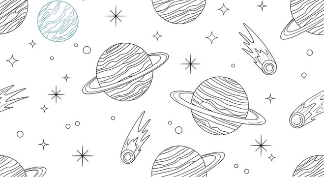 A seamless black and white line art pattern of outer space with planets like Saturn comets stars and dots for coloring.