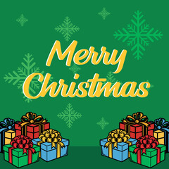 Festive Christmas greeting featuring colorful wrapped presents and stylized snowflakes.