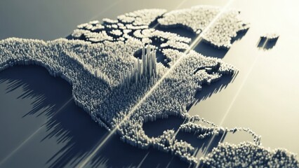3d voxel map of north america with rising bar elements representing abstract data