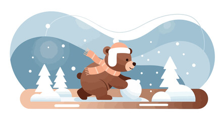 Winter woodland adventures a bear rolls a big snowball for a frosty friend