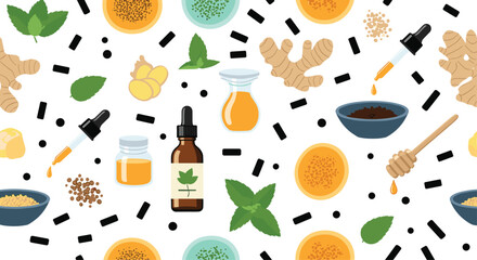 A vibrant seamless pattern of natural medicine ingredients like ginger honey mint and essential oil bottles on a white background.