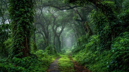 Obraz premium A tranquil path winds through a dense forest surrounded by lush greenery and towering trees. Mist gently hangs in the air creating a serene atmosphere at dawn.