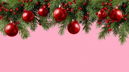 Festive green pine branches adorned with shiny red ornaments and berries, creating a vibrant holiday atmosphere against a soft pink background, perfect for seasonal celebrations and decorations