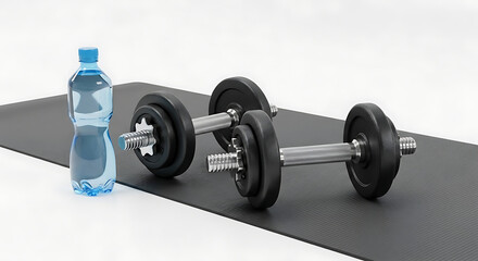 Still life of dumbbells and a water bottle on a black mat against a white background studio shot ai generated
