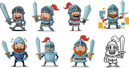 Cartoon knights vector illustration, fantasy armor design, colorful swords and poses, magical theme, kids content, whimsical clipart, heroic style, character variety