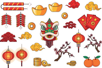 Fototapeta premium Festive Lunar New Year Elements Lion Dance, Lanterns & Lucky Gold