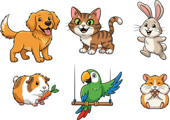 Cartoon pets vector illustration, cute animal characters, colorful and playful style, kids content, educational theme, whimsical clipart, joyful expressions