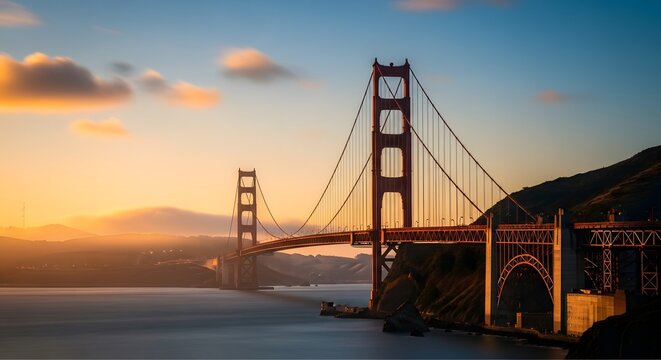 Iconic Golden Gate Bridge at Sunset with Golden Hour Light and Fog - Powered by Adobe