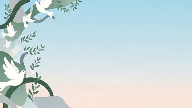 White peace doves on olive branches against a soft gradient sky background.