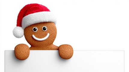 Gingerbread character wearing a festive red Santa hat, peeking over a blank white sign, creating a cheerful holiday atmosphere perfect for seasonal greetings and festive promotions