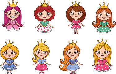Cartoon princesses vector illustration, fantasy character design, colorful dresses and crowns, magical theme, kids content, whimsical clipart, joyful expressions, royal style