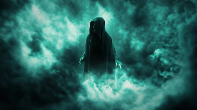 Dark hooded figure emerging from swirling storm clouds and mist creates eerie fantasy horror atmosphere, supernatural wraith spirit, cinematic mystery, haunting dark animation