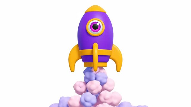 Cute purple and yellow cartoon rocket ship with a large eye launching with pink and purple smoke isolated on white background
