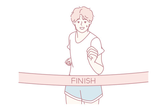 runner crossing finish ribbon, celebrating personal victory at local charity run with arms raised and smiling - Powered by Adobe