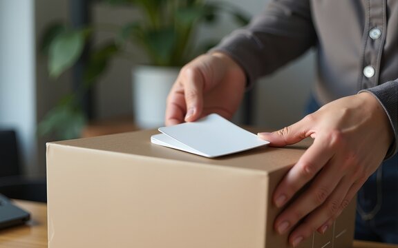 Small business owner packing in the card box at workplace. High quality