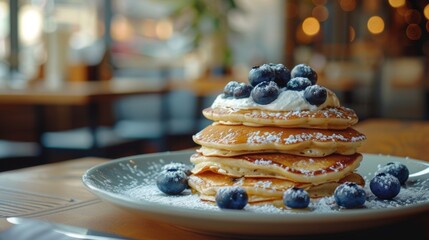 A fluffy stack of goldenbrown pancakes topped with fresh blueberries and garnished with mint leaves