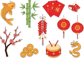 A vibrant collection of Chinese New Year icons with celebratory symbolism