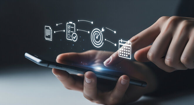 Hand using smartphone to manage tasks and schedule with glowing icons, representing digital organization and planning.