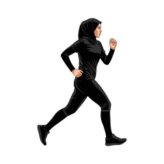 A woman wearing a hijab is jogging