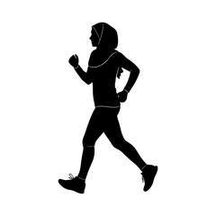 Silhouette of a woman wearing a hijab running against a white background