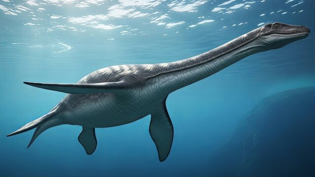 Elasmosaurus swimming underwater, a prehistoric marine reptile with a long neck and flippers.
