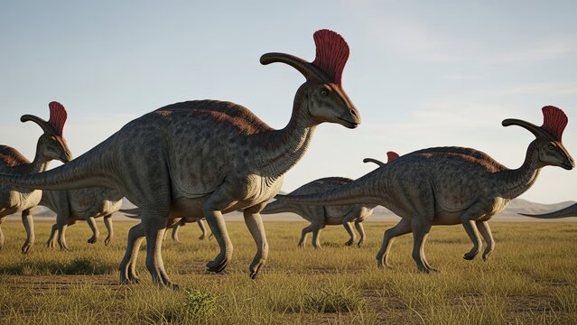 Herd of Parasaurolophus Dinosaurs Roaming in a Prehistoric Landscape at Sunset.
