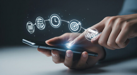Modern technology connects abstract icons representing tasks and time management on a smartphone interface.