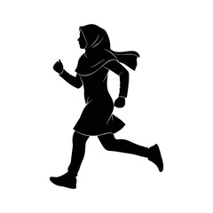 Silhouette of a woman wearing a hijab running against a white background