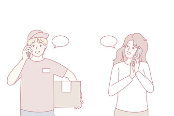 Female client talking on phone with deliveryman. Woman speaking on cellular with courier delivering parcel. Delivery service concept. Vector illustration.