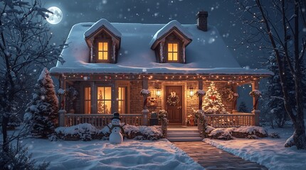 christmas house in the forest in the Snow Background photo