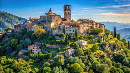 Fototapeta premium Traditional stone village perched on hilltop surrounded by lush greenery and Mediterranean architecture with a tall church tower as the focal point