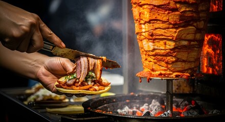 Chef Carving Al Pastor Meat from Vertical Spit for Authentic Tacos Preparation