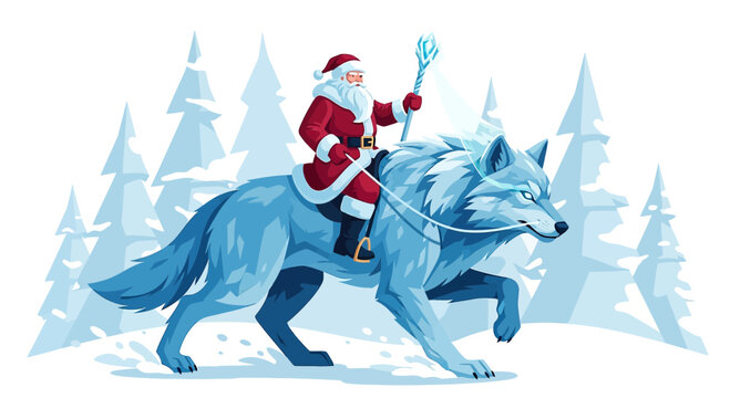 A jovial Santa Claus astride a majestic ice wolf dashes through a winter wonderland scene