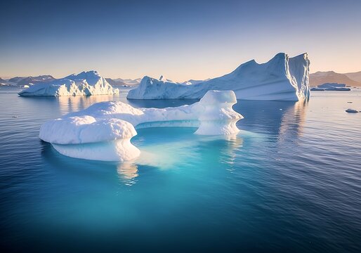 Towering Icebergs Float In Tranquil Azure Waters Of The Arctic Ocean Under A Clear Sky, Capturing The Pristine Environment Of A Remote Wilderness.