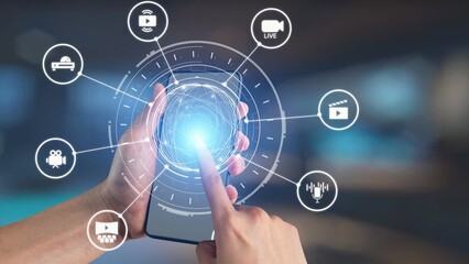 Multimedia technology with video, audio, photo and streaming icons representing digital media, communication and online platforms in a modern multimedia world. Gist