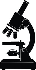 Black silhouette of compound microscope scientific research tool, laboratory equipment, biology education, medical science, magnification device, STEM classroom illustration