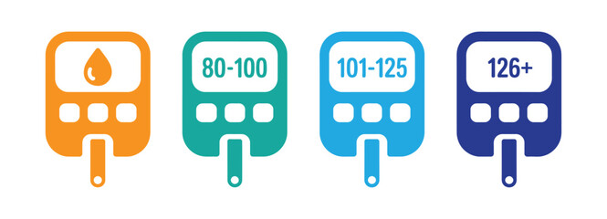 Glucometer icon for glycemic measurement with blood sugar level.  Understand blood sugar levels with these colorful meters. Glucose monitor vector illustration set.