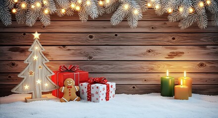 A Festive Christmas Winter Scene Featuring Rustic Wooden Decor, Snow, Lit Candles, And Wrapped Gifts, Creating A Warm Holiday Background.