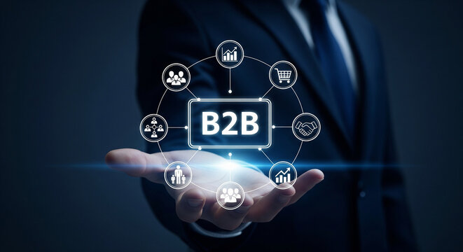 Business professional presenting B2B concept with digital network diagram - Powered by Adobe