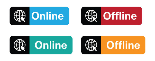 Online and offline vibrant colorful internet connection buttons. Online and Offline Internet Connection Icon set. network connection problem warning. Globe icon with no signal and good signal sign.
