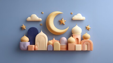 Ramadan kareem background halfnmoon and mosque with bohemian style