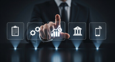 Business professional interacts with holographic financial growth chart and banking icons.
