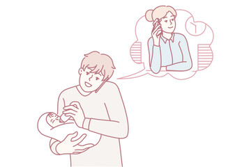 young father holding newborn imagining partner in thought bubble, tender cradle scene, intimate nursery mood,