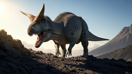 Fototapeta premium Majestic Triceratops Roaming Ancient Volcanic Landscape Under Clear Sky.