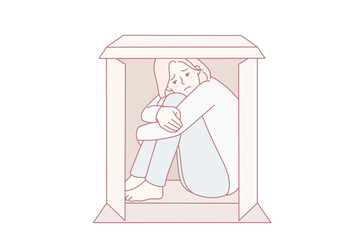 Unhappy young woman sit in box suffer from sociophobia. Upset girl hide in cardboard parcel struggle from loneliness or solitude. Vector illustration.
